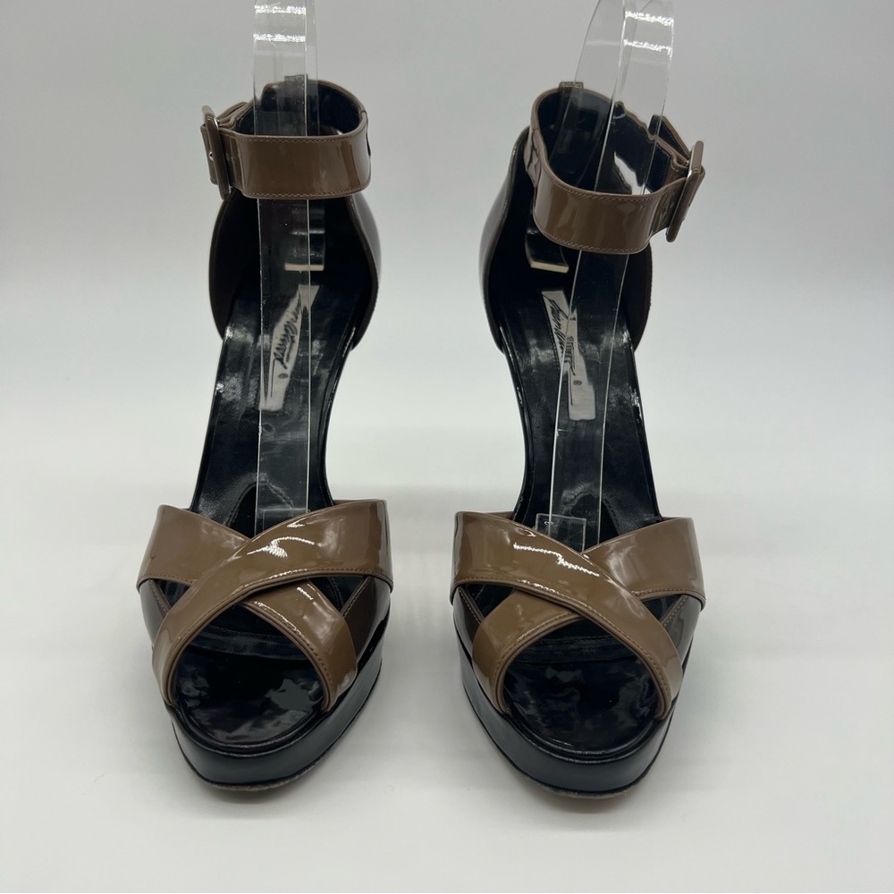 Brian Atwood Peep Toe Platform Heels Brown Patent Leather Sz 8 Sexy - Picture 4 of 13